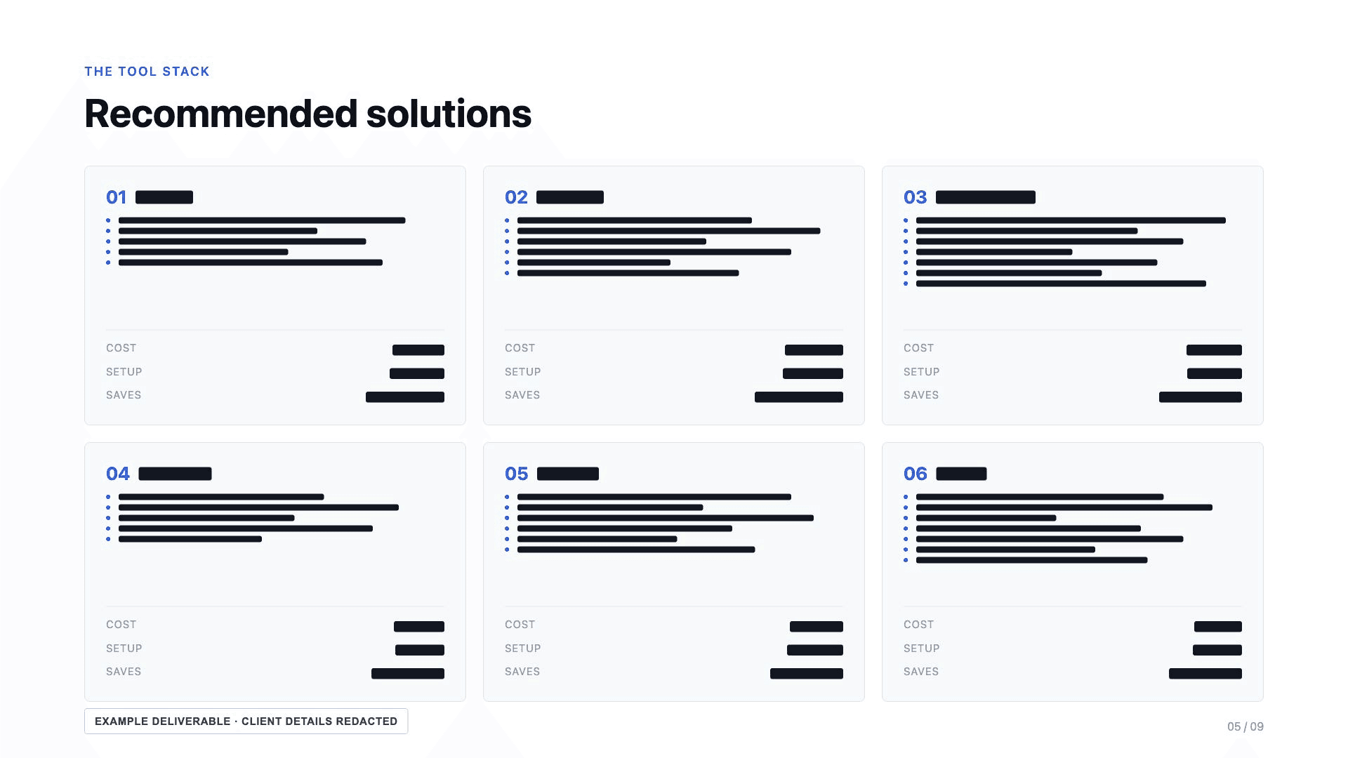 Redacted example report page showing six recommended solutions with cost, setup, and time-savings fields.